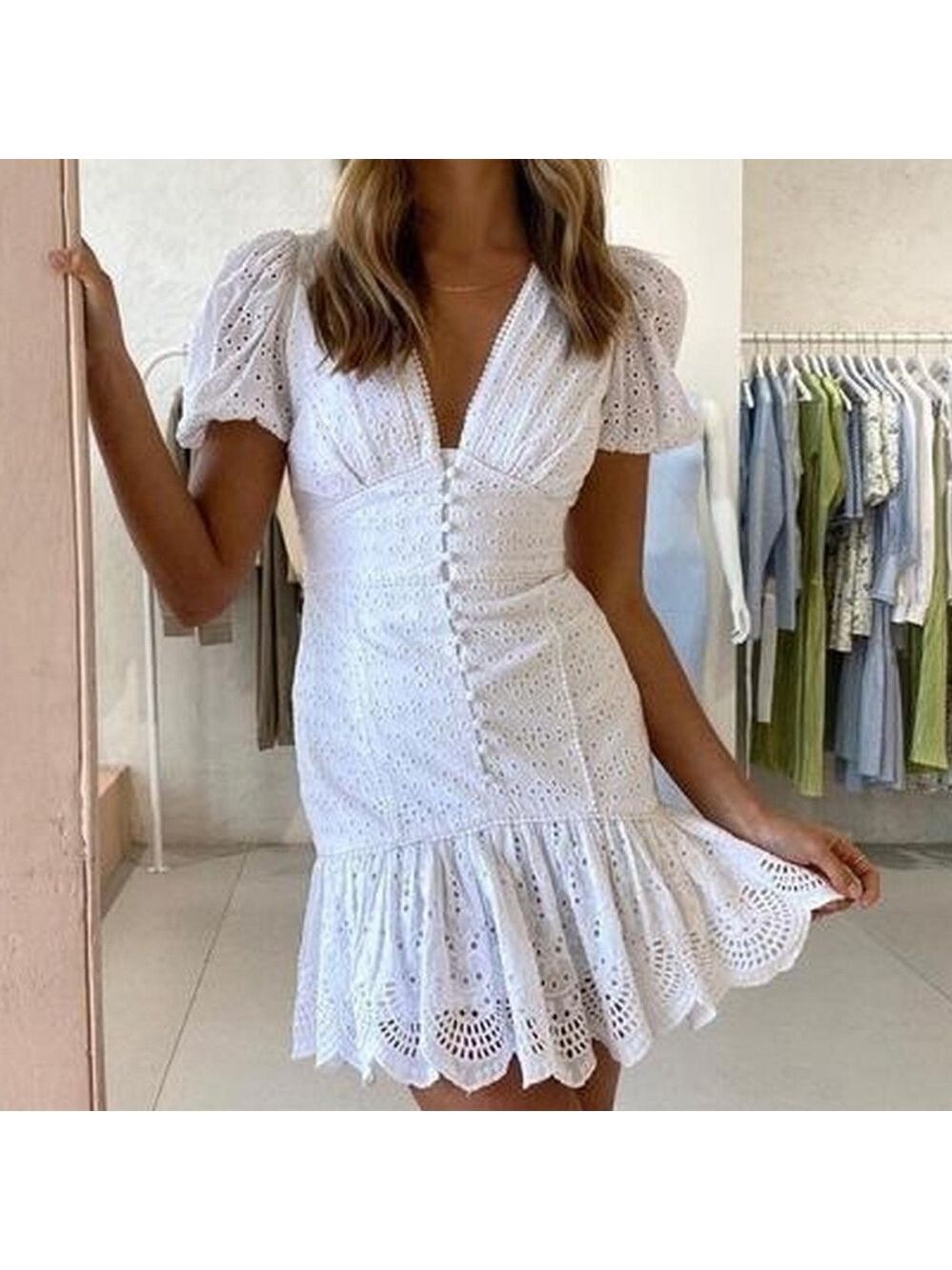 Significant Other Charlee V-Neckline Button Front Eyelet Mini Dress in Ivory